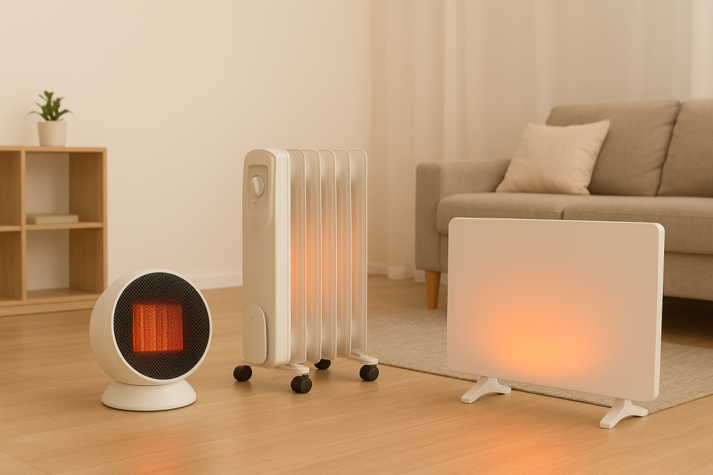 calefactores de bajo consumo encendidos en un salón moderno mostrando eficiencia energética