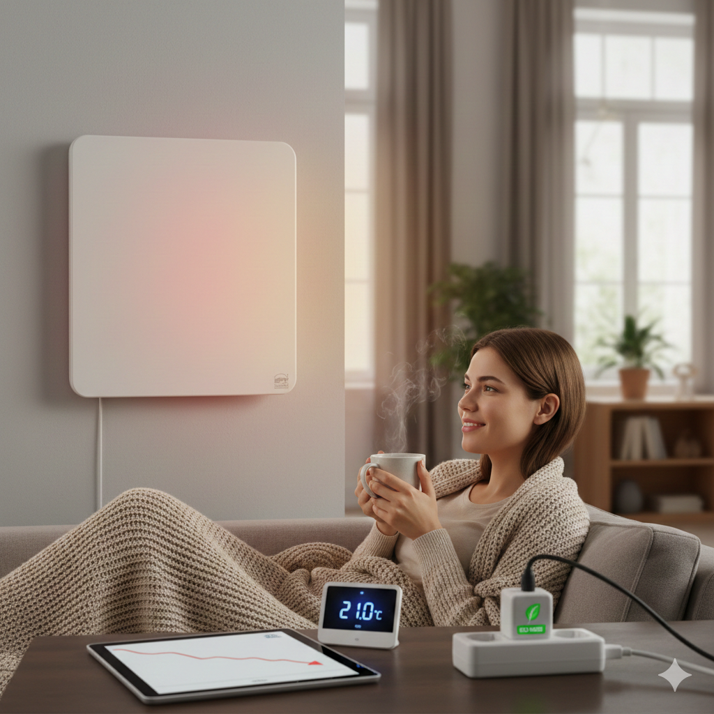 Mujer disfrutando del calor de un moderno panel de calefacción de bajo consumo montado en la pared con un termostato digital y una bajada en la gráfica de la factura de luz, simbolizando el ahorro energético en casa.