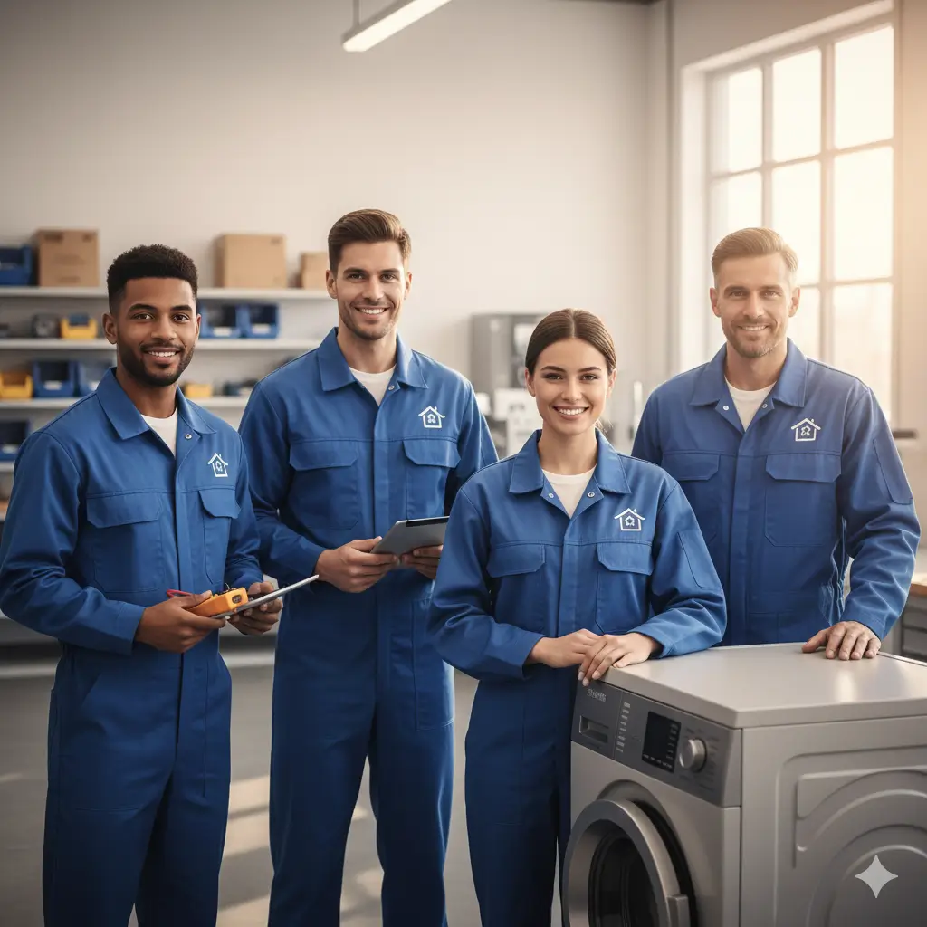Equipo diverso de cuatro técnicos de servicio con uniformes azules y el logo de la empresa, posando sonrientes en un taller, con una lavadora y herramientas.