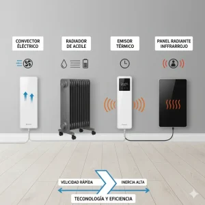 Conjunto de cuatro diferentes tipos de calefactores eléctricos. De izquierda a derecha: un convector sencillo, un radiador de aceite con varias aletas, un emisor térmico de pared delgado y un panel radiante de infrarrojos. Destaca la variedad de tecnologías.