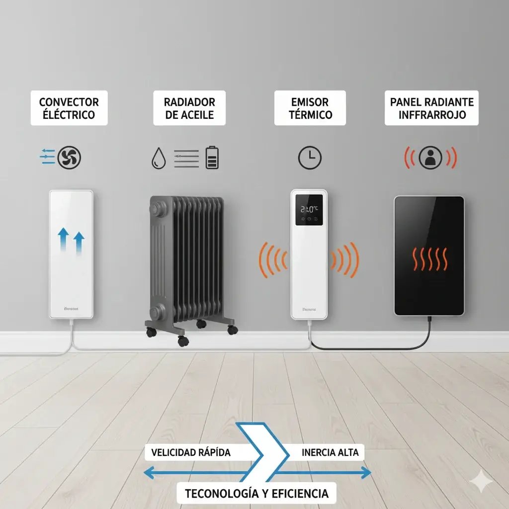 Conjunto de cuatro diferentes tipos de calefactores eléctricos. De izquierda a derecha: un convector sencillo, un radiador de aceite con varias aletas, un emisor térmico de pared delgado y un panel radiante de infrarrojos. Destaca la variedad de tecnologías.