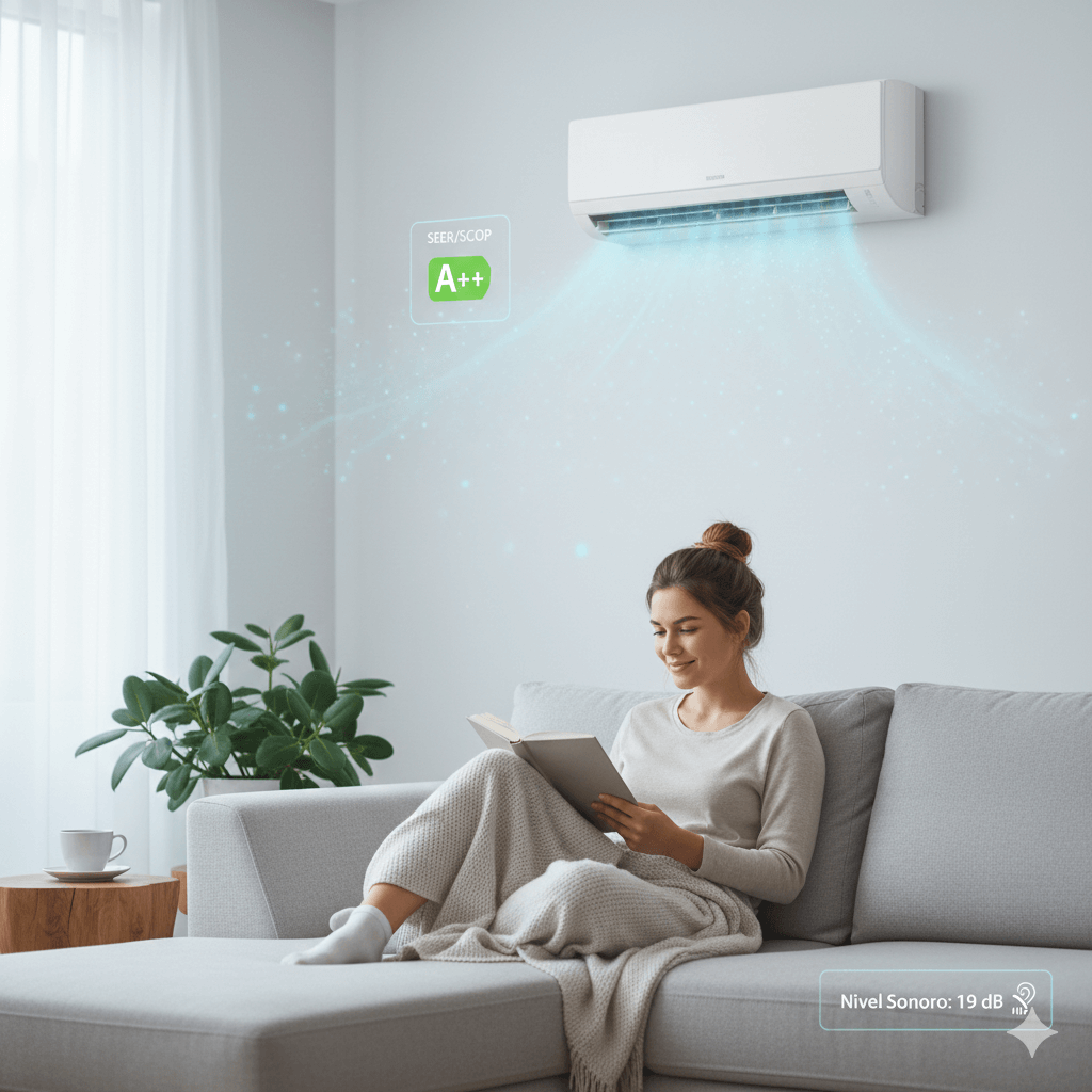 Salón moderno y fresco donde una mujer lee relajadamente. Un split de aire acondicionado blanco y discreto opera en modo silencioso. Ejemplo de bajo nivel sonoro de Daikin o Mitsubishi.