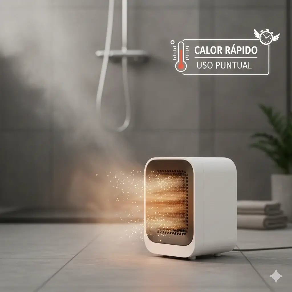 Calefactor eléctrico cerámico compacto y moderno, colocado estratégicamente en el suelo de un baño con azulejos, emitiendo un flujo de aire caliente, simbolizando calor rápido y confort al instante.